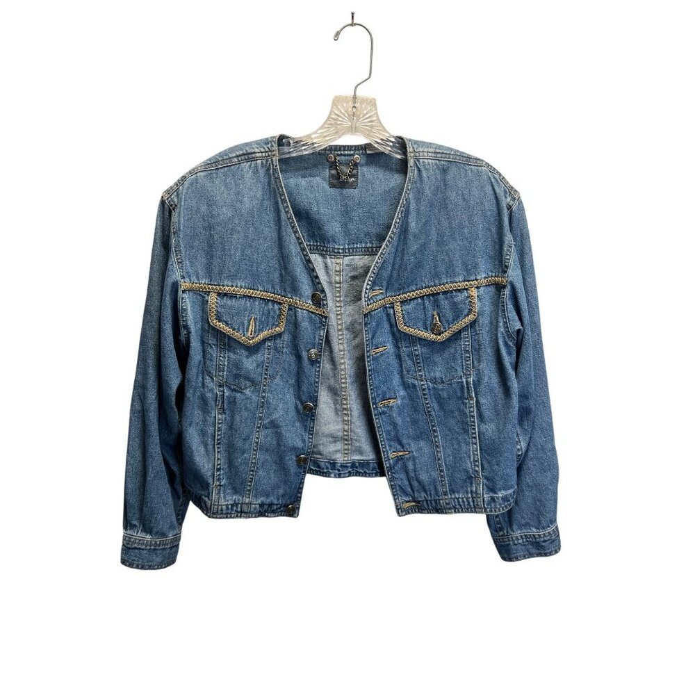 Vintage Lizwear Petite Denim Jacket With Embroidered Pockets & Button Front Clos